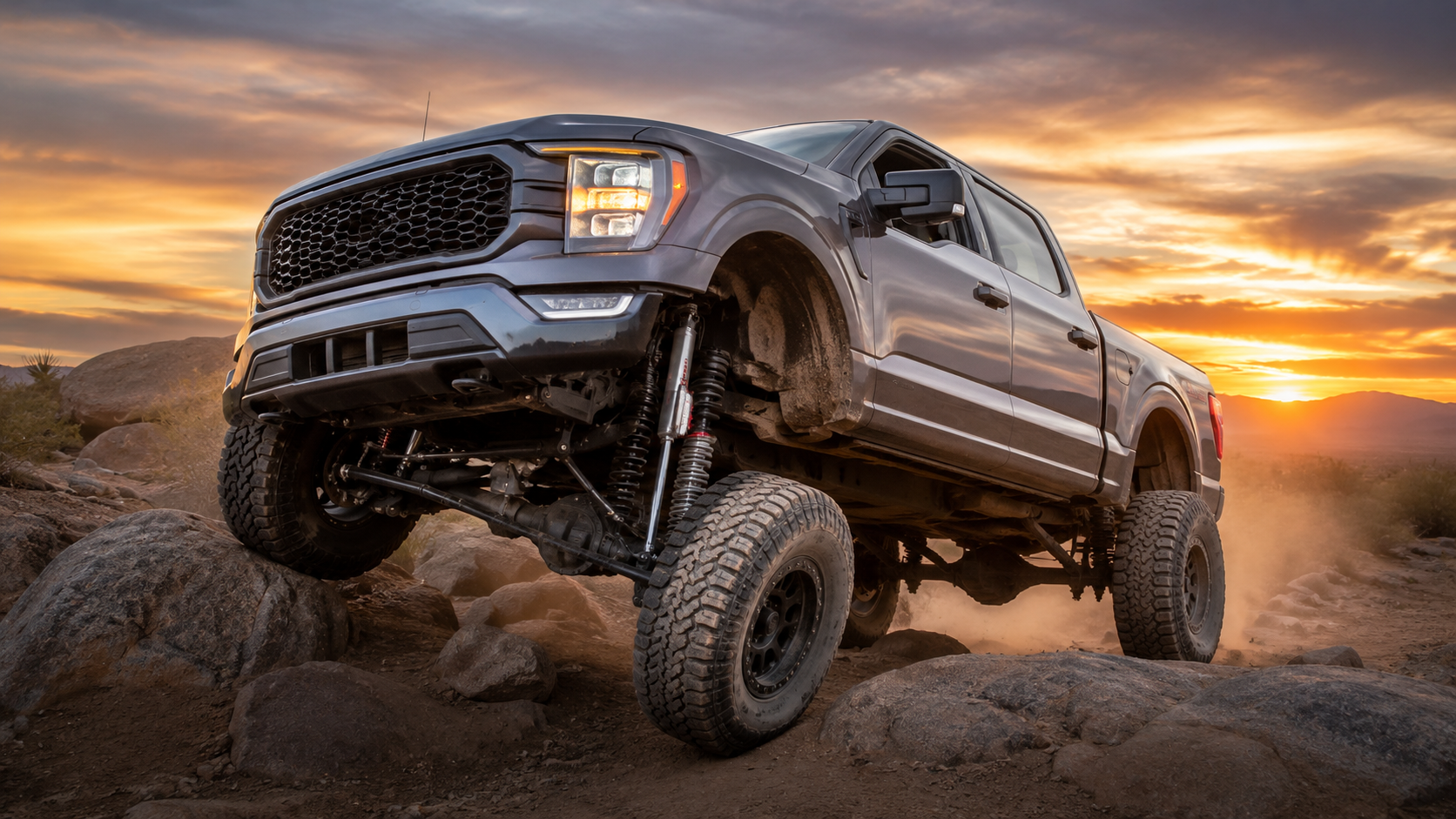 lifted truck with aftermarket shocks off road